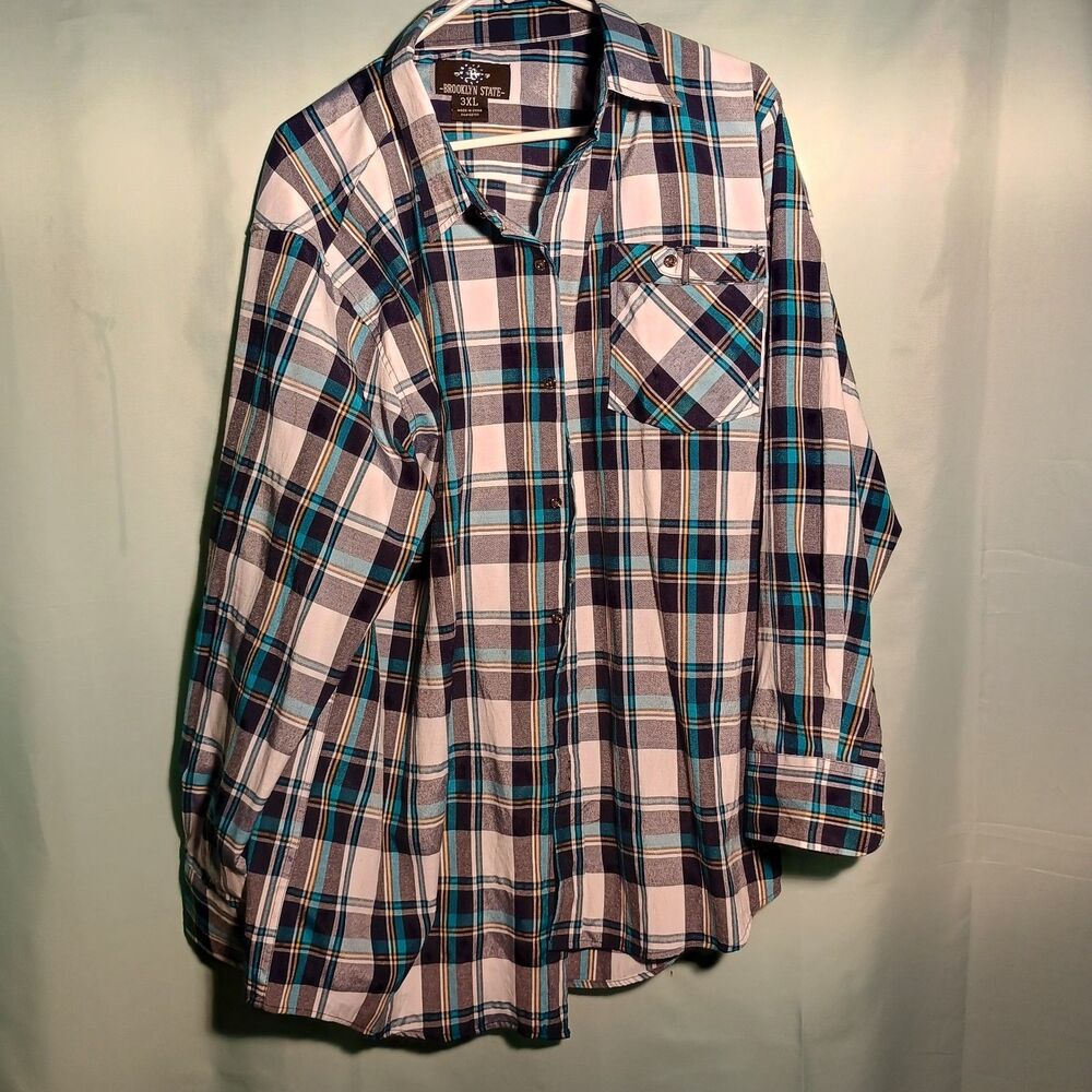 Men’s 3XL Blue & White Plaid Flannel Shirt – Brooklyn State Long Sleeve Casual